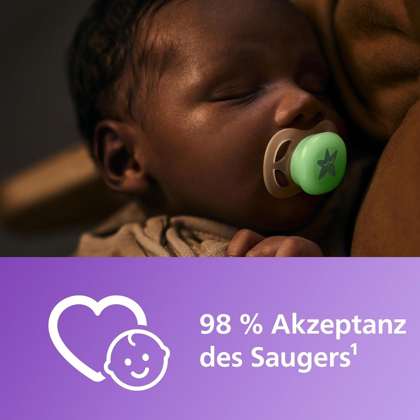 Philips AVENT Ultra Start Night Sucette, Sucette orthodontique pour nouveau-nés, Brille dans le noir, Sans BPA, avec récipient de stérilisation, Lot de 2, Lune, Étoile, SCF075/07