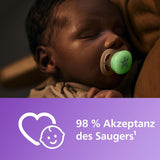 Philips AVENT Ultra Start Night Sucette, Sucette orthodontique pour nouveau-nés, Brille dans le noir, Sans BPA, avec récipient de stérilisation, Lot de 2, Lune, Étoile, SCF075/07