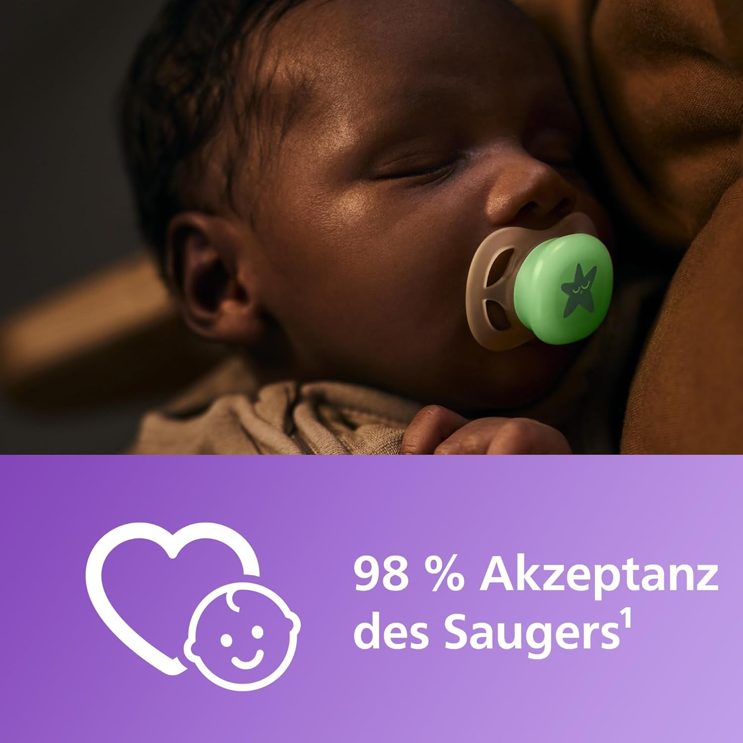 Philips AVENT Ultra Start Night Sucette, Sucette orthodontique pour nouveau-nés, Brille dans le noir, Sans BPA, avec récipient de stérilisation, Lot de 2, Lune, Étoile, SCF075/07