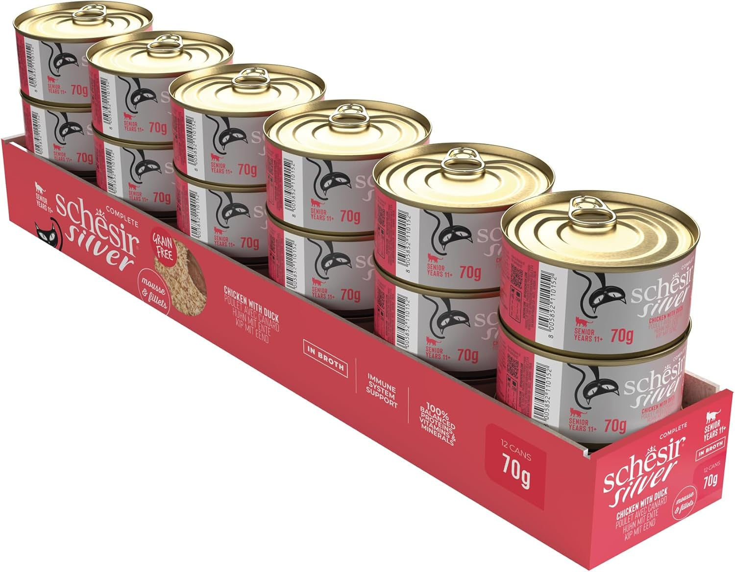 Silver Poulet avec Mousse et Filets de Canard, Aliment humide complet pour chats seniors, Sans céréales, Soutien immunitaire, Source d'humidité, 12 x 70 g