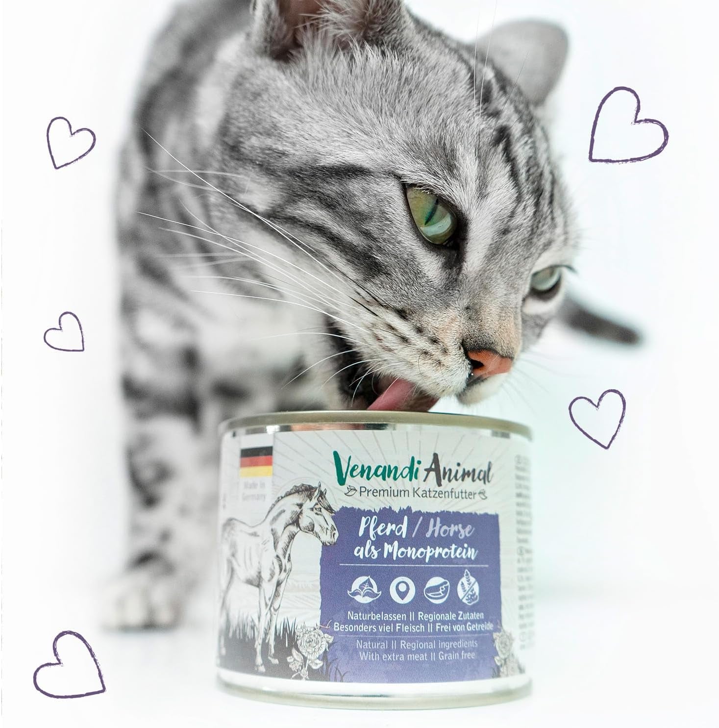 Venandi Animal - Nourriture humide de qualité supérieure pour chat - Cheval sous forme de monoprotéine, paquet de 12 (12 x 125 g), sans céréales, monoprotéine