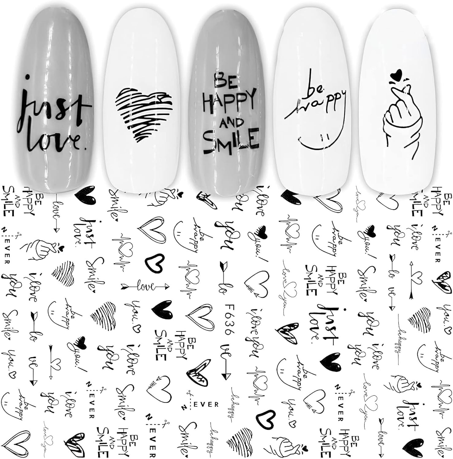 7 Blätter Nagelsticker Selbstklebend Nagelsticker Blumen Abstract 3D Schwarz Nagelaufkleber Nageldesign Herzform Wörter Pflanzen Nagel Sticker DIY Nail Art Zubehör Maniküre Dekoration