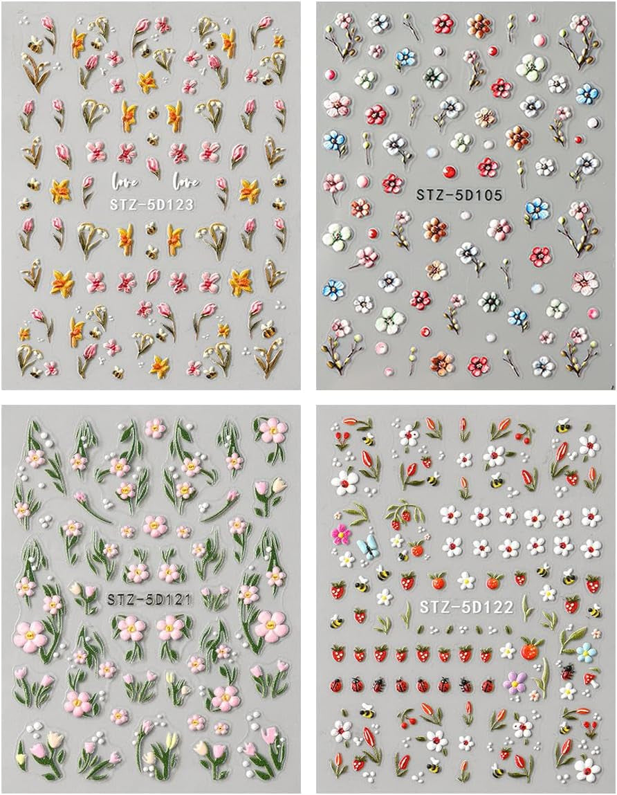 JMEOWIO Autocollant 3D pour ongles, fleurs, fruits, Nail Art, autocollant auto-adhésif, autocollants stéréoscopiques 5D, décoration, conception de ongles, 4 couleurs