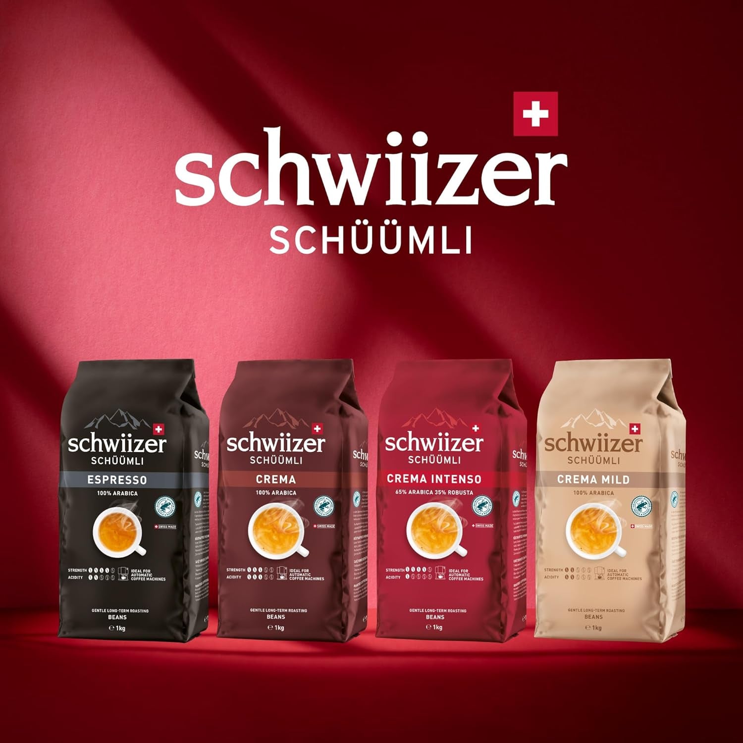 Schwiizer Schüümli Espresso, grains de café 100% Arabica, fort et intense, idéal pour machines à expresso automatiques, force 4/5, torréfaction moyenne, Rainforest Alliance, 1kg
