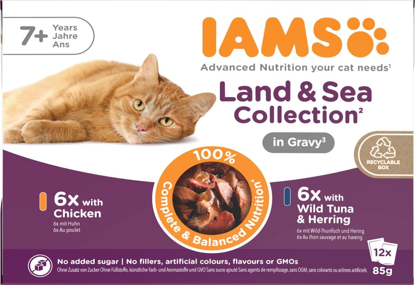 IAMS Delights Nourriture humide pour chats seniors - Multipack au poulet et poisson en sauce, nourriture humide de haute qualité pour chats de plus de 7 ans, 12 x 85 g