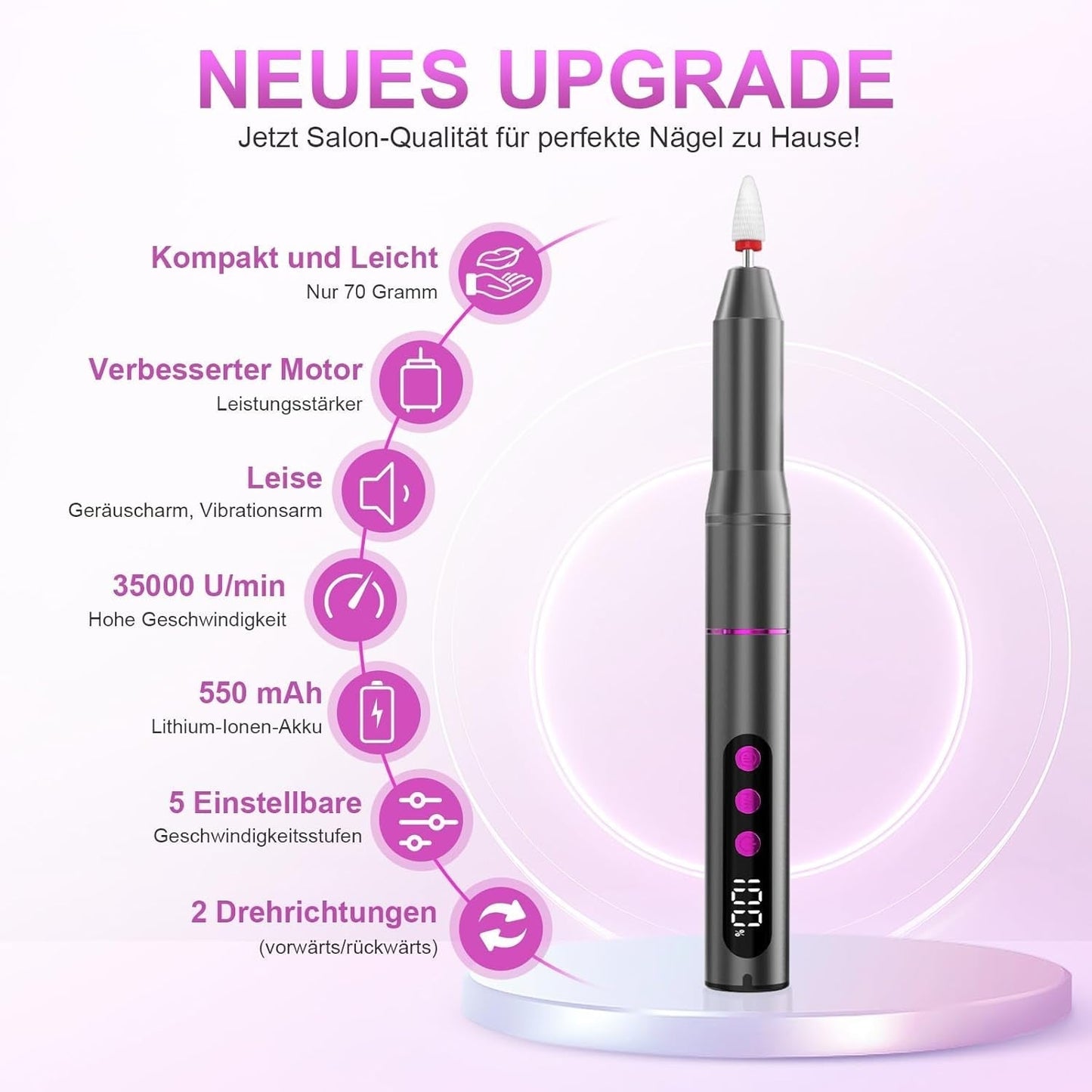 Lime à ongles électrique sans fil - 35 000 tr/min pour ongles en gel, lime à ongles professionnelle et acrylique 12 en 1, ensemble manucure et pédicure à 5 vitesses