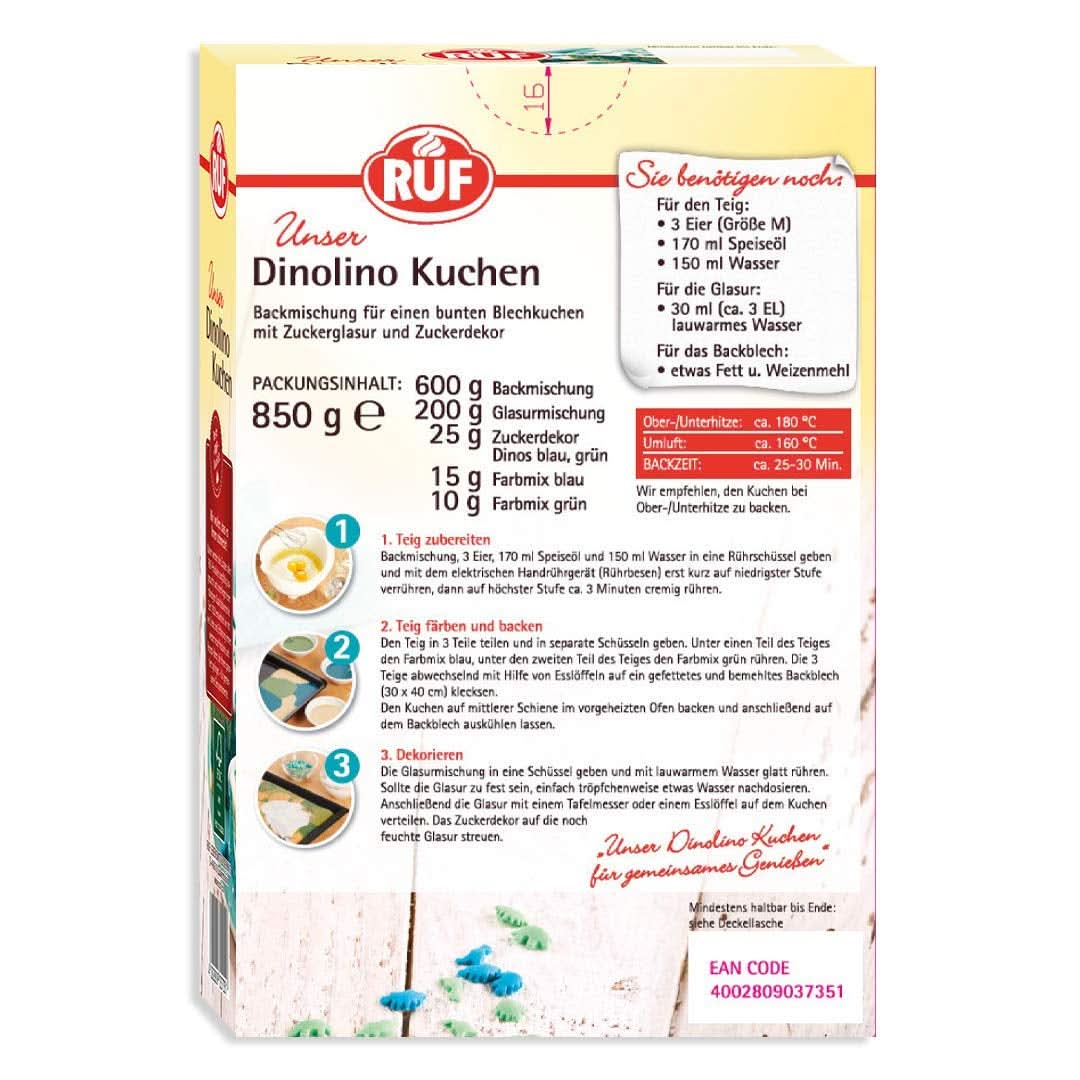 RUF Dinolino Cake, Gâteau en feuille tricolore au goût de citron, 850 grammes Sprinkles Naty Shop
