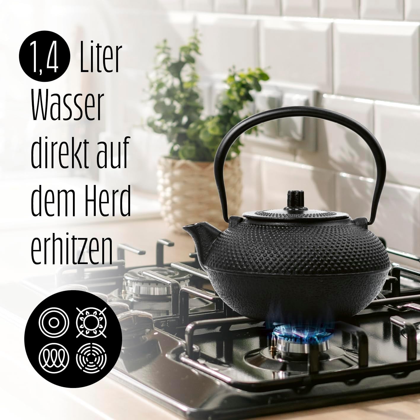 Service à thé Lumaland 8 pièces | Théière en fonte Tetsubin de 1,4 litre | Chauffage en fonte | 2 tasses à thé et 2 soucoupes | Service à thé japonais comprenant une cuillère doseuse en bambou et un infuseur en acier inoxydable