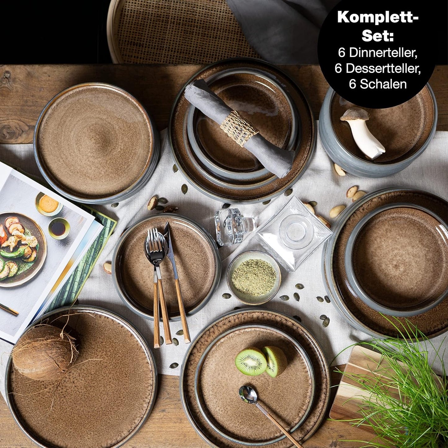 Moritz & Moritz SOLID Service de table en grès 18 pièces pour 6 personnes - Service de table pour 6 personnes, composé de 6 assiettes plates, 6 assiettes à dessert et 6 assiettes plates