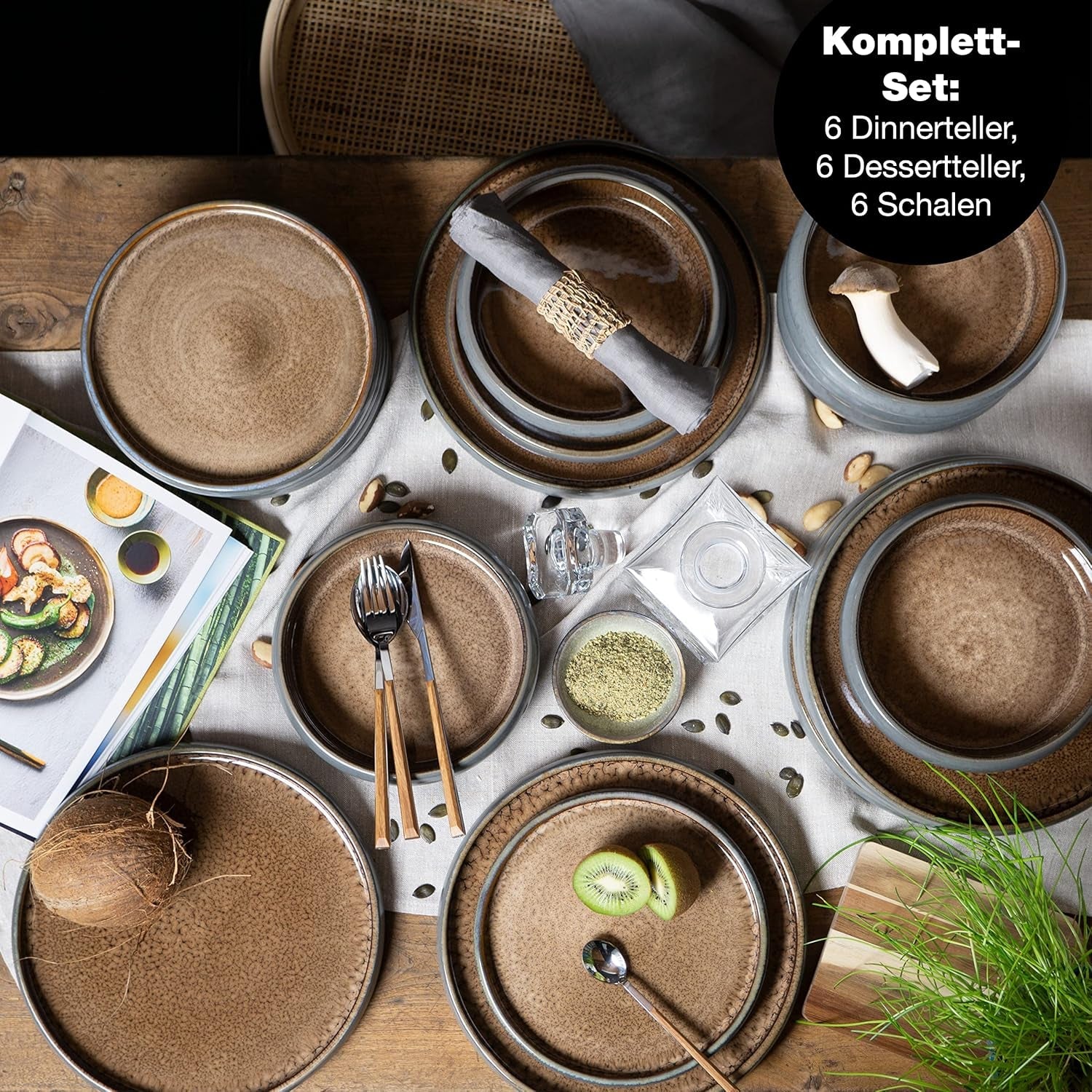 Moritz & Moritz SOLID Service de table en grès 18 pièces pour 6 personnes - Service de table pour 6 personnes, composé de 6 assiettes plates, 6 assiettes à dessert et 6 assiettes plates