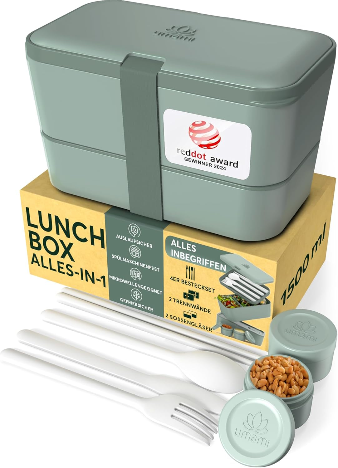 Umami Boîte à Lunch pour Adultes, Boîte à Bento Empilable avec 4 Couverts et Compartiments, Boîte à Lunch Adulte, Récipient à Salade à Emporter, Boîte à Lunch Pique-Nique/Bureau, Gris Charbon, 1500 ML