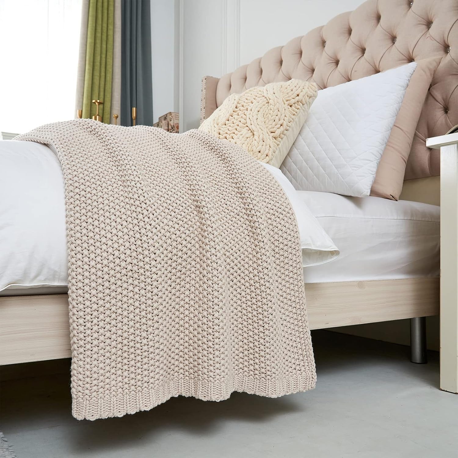 Couverture en tricot épais, Légère, Beige, 100% coton biologique, Couverture pour canapé, canapé, lit, enfant, chambre d'enfant, Rustique, Shabby chic, Ferme moderne, 152,4 X 203,2 cm, Sac à linge inclus Lits et couvertures Literie Longhui