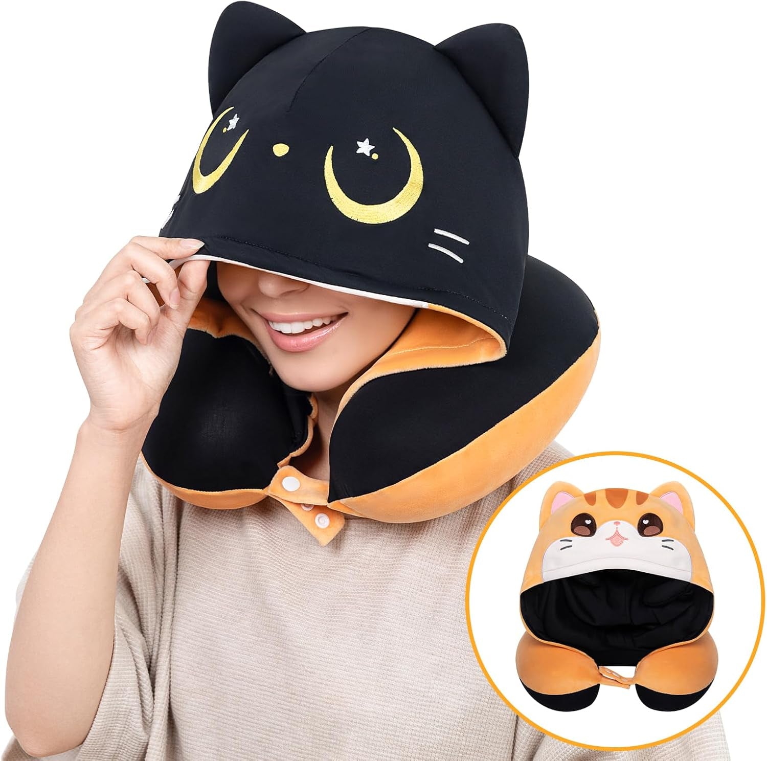 Mewaii Oreiller de voyage double face pour adultes, oreiller cervical en mousse à mémoire de forme, oreiller de vol réversible avec capuche de chat, sangle réglable