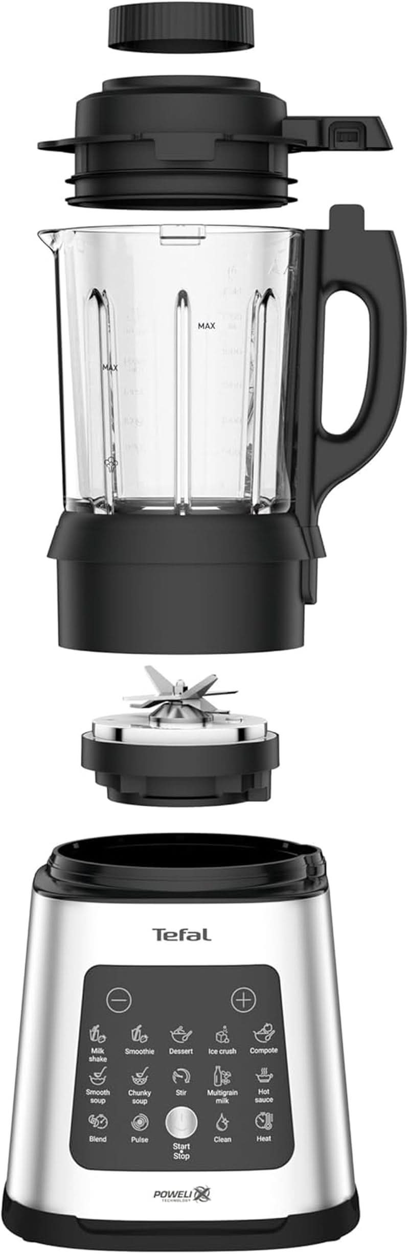Tefal Perfectmix Cook Hochgeschwindigkeits-Standmixer, Mit Kochfunktion, 10 Auto-Programme, Heiße Und Kalte Rezepte, Abnehmbare Klingen, Inkl. Dampfkorb, Silber/Schwarz, BL83SD30 Cuisine Naty Shop