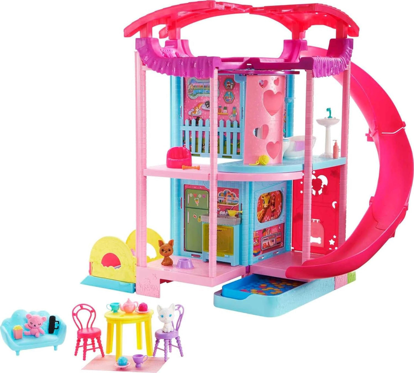 Barbie Chelsea Playhouse - 3 étages transformables, aires de jeux secrètes, ascenseur, piscine, toboggan, 2 animaux et plus de 20 accessoires, à partir de 3 ans HHX44 Naty Shop Dollhouses Titre par défaut