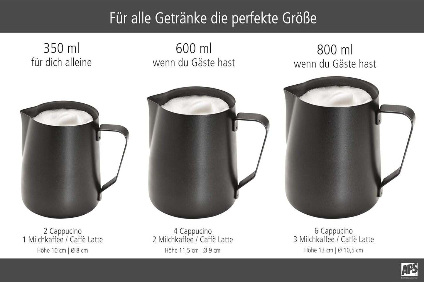 APS Pichet à lait - Pot à lait de haute qualité avec revêtement antiadhésif, en acier inoxydable - Parfait pour faire mousser le lait - Carafe universelle, noir, 600 ml