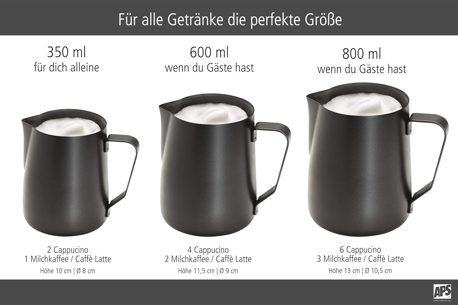 APS Pichet à lait - Pot à lait de haute qualité avec revêtement antiadhésif, en acier inoxydable - Parfait pour faire mousser le lait - Carafe universelle, noir, 600 ml