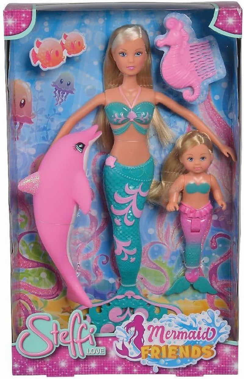 Simba 105733336 - Steffi Love Mermaid Friends, poupée sirène magique avec sœur Evi, figurine de dauphin et plus, jouet pour enfants à partir de 3 ans