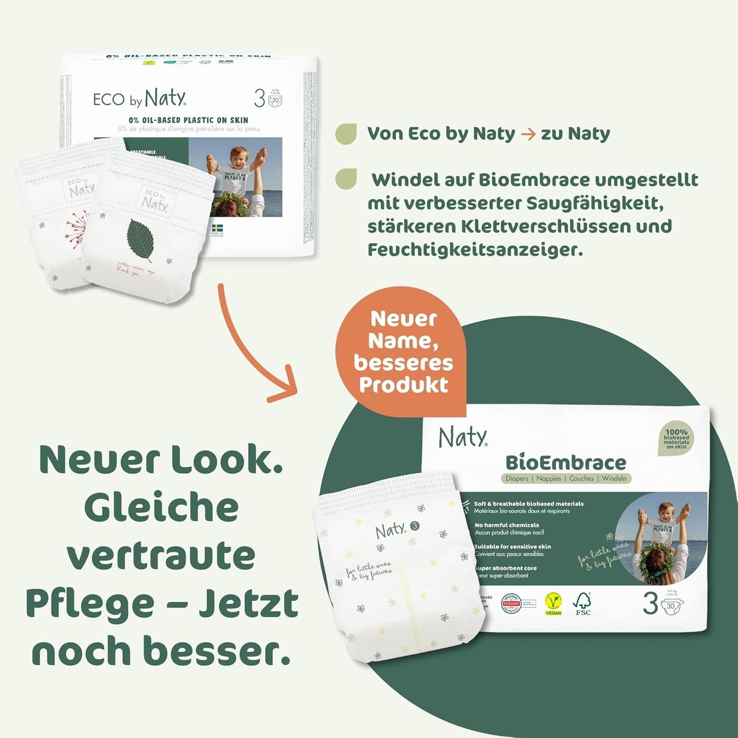 Couches pour bébé Naty BioEmbrace, taille 3 (4 à 9 kg) | Matières 100% végétales, douces pour la peau | Douceur respirante, testée dermatologiquement, excellente absorption | 100 pièces.