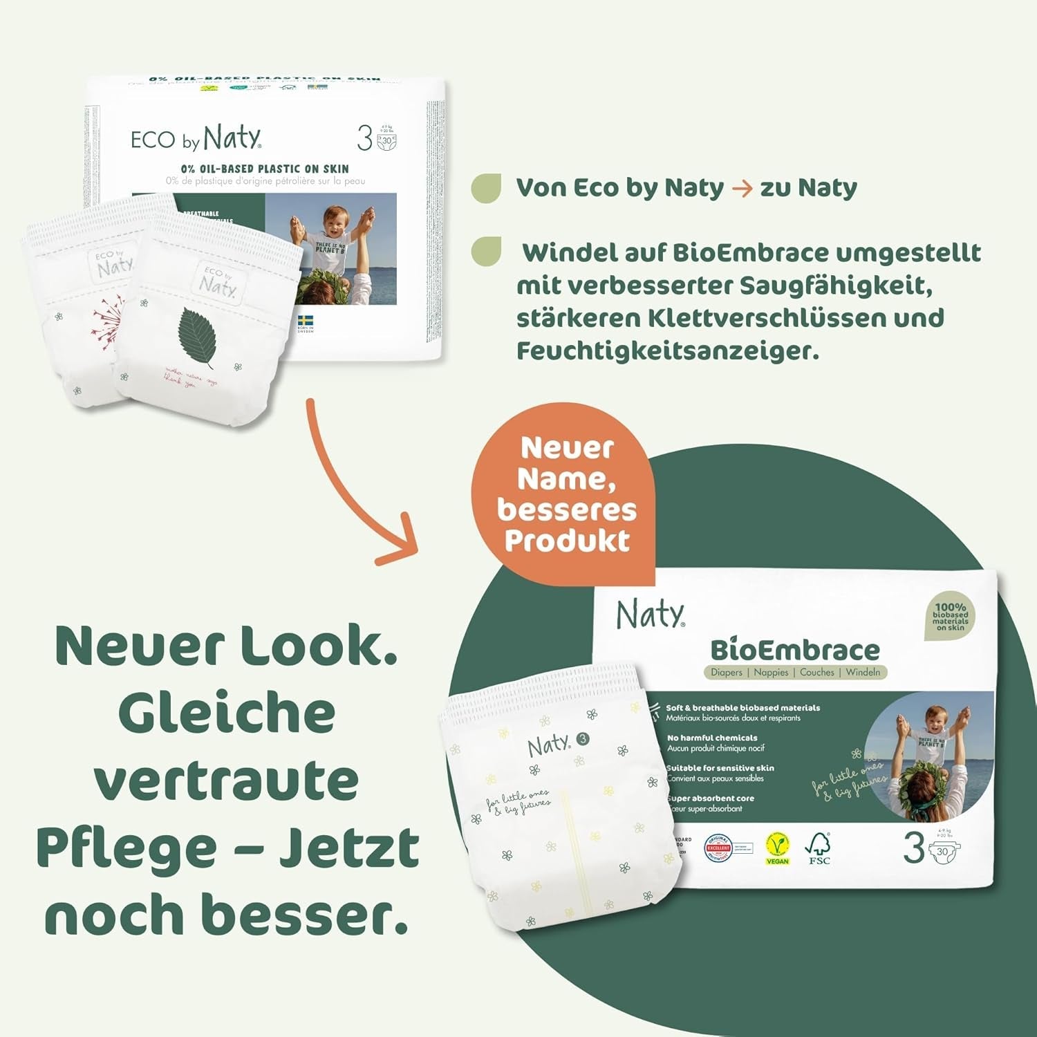 Couches pour bébé Naty BioEmbrace, taille 3 (4 à 9 kg) | Matières 100% végétales, douces pour la peau | Douceur respirante, testée dermatologiquement, excellente absorption | 100 pièces.
