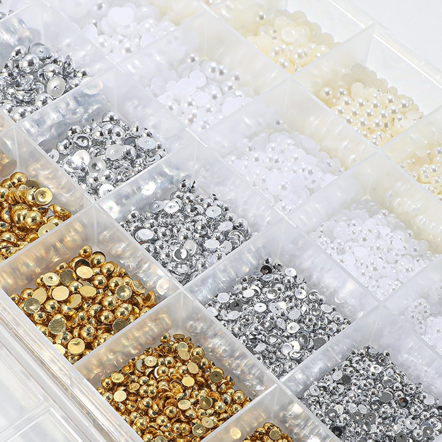 GZMAYUEN 920 pièces perles à dos plat or argent pour ongles, perles à ongles demi-brun blanc beige, petites perles à dos plat demi-brun pour décoration d'art d'ongle bricolage