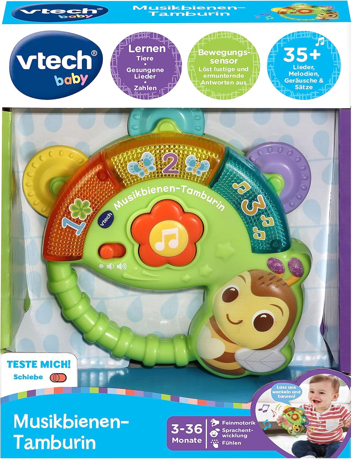 Vtech Baby Musical Bee Tambourin - Jouet musical avec chiffres, sons amusants, phrases et chansons - Pour les enfants de 3 à 36 mois Jouets pour bébés Naty Shop