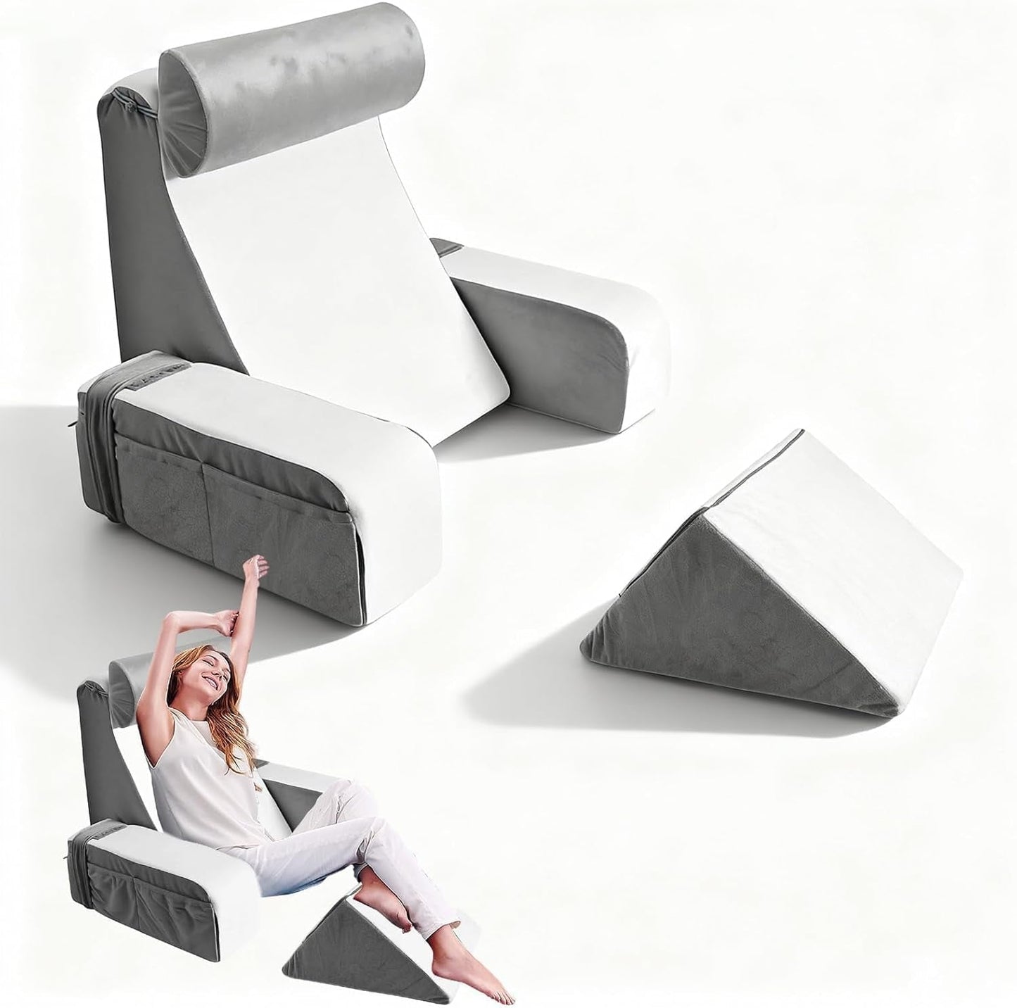 Oreiller de lecture avec support de cou et accoudoirs amovibles, oreiller de dos confortable et léger pour lit et canapé, oreiller de dos pour adultes, dossier en mousse à mémoire de forme pour lire, regarder la télévision et les jeux vidéo