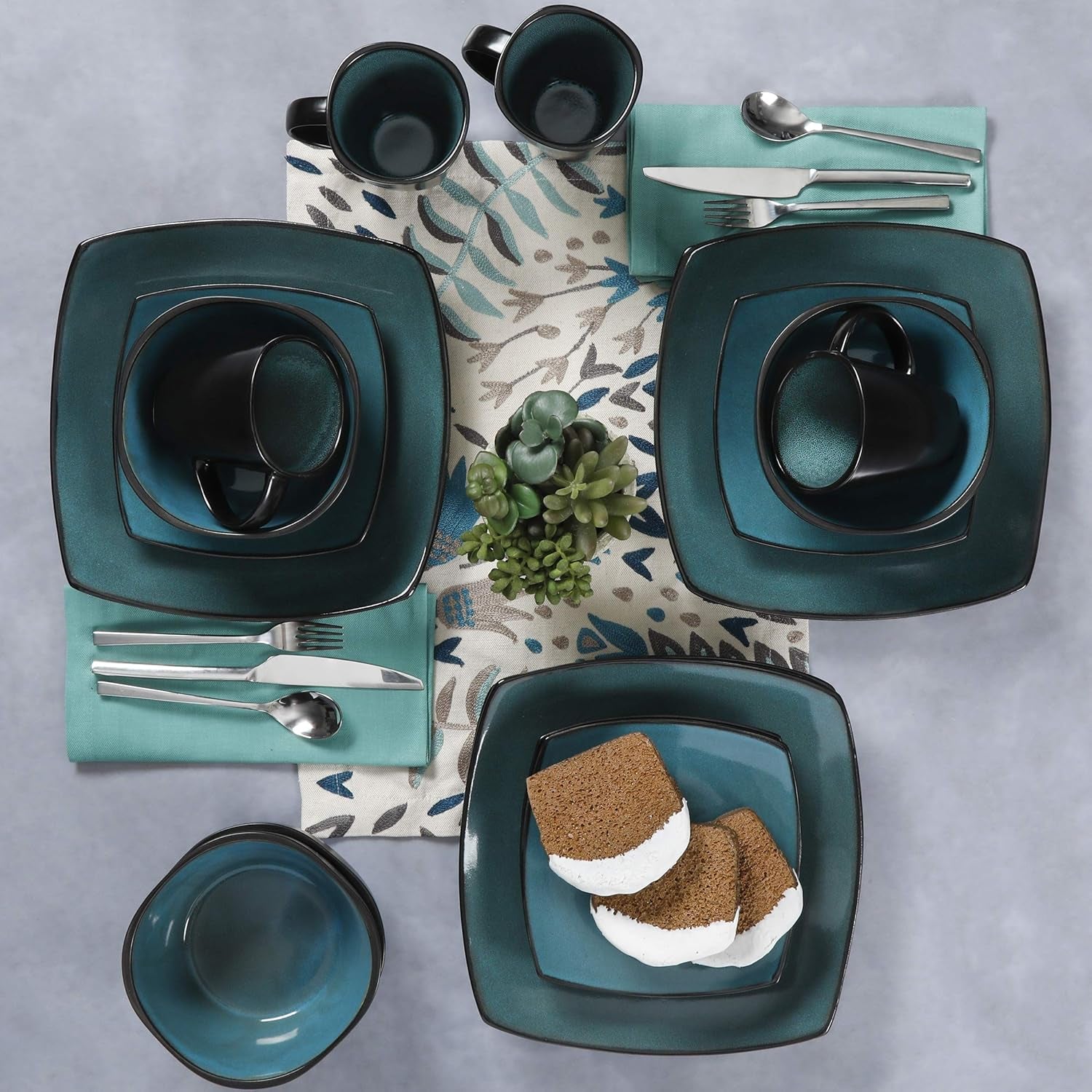 Gibson 99813.16R Elite Soho Lounge Reactive Glaze Service de table pour 4 personnes, 16 pièces, effet bicolore bleu-vert/noir