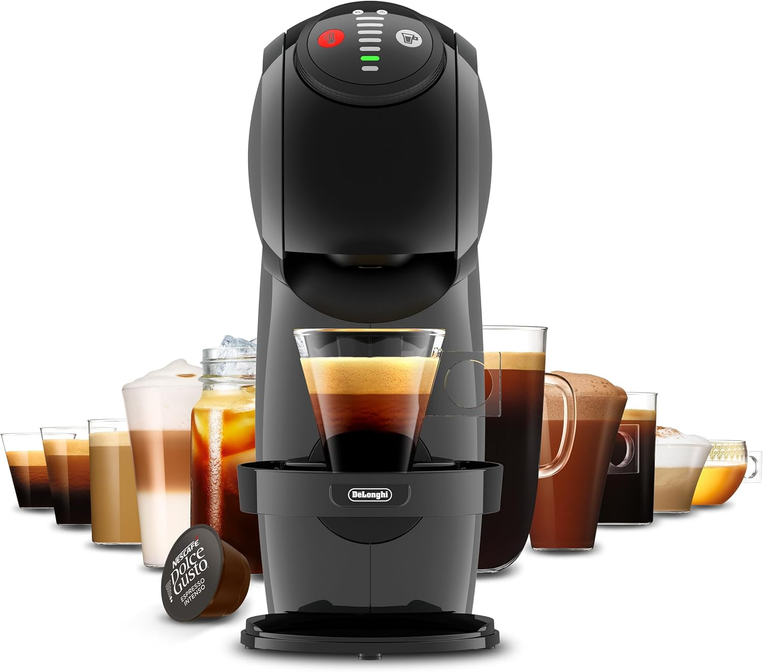 NESCAFÉ DOLCE GUSTO DeLonghi Dolce Gusto Genio S EDG226.A, Machine à expresso à capsules comprenant 3 capsules, design compact, bac d'égouttage réglable, 0,8 l, réservoir d'eau amovible, 1470 W, Anthracite