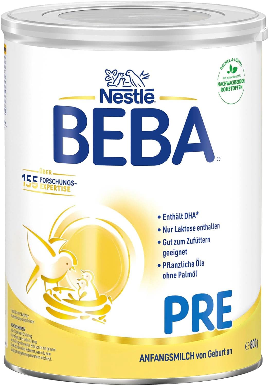 BEBA PRE Initial Lait dès la naissance, Aliment pour bébé avec DHA, Lactose uniquement, Sans huile de palme, Pack 3 (3 x 800g) Naty Shop