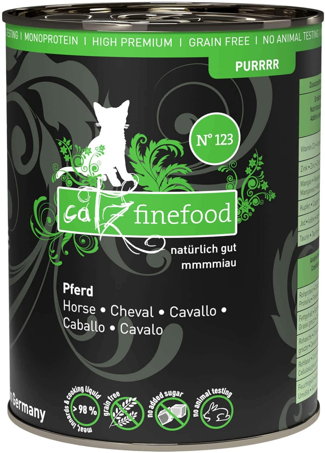 Nourriture humide pour chats Catz Finefood Purrrr Horse Monoprotein no. 123, pour chats à digestion sensible, 70% de viande, 6 boîtes x 400 g