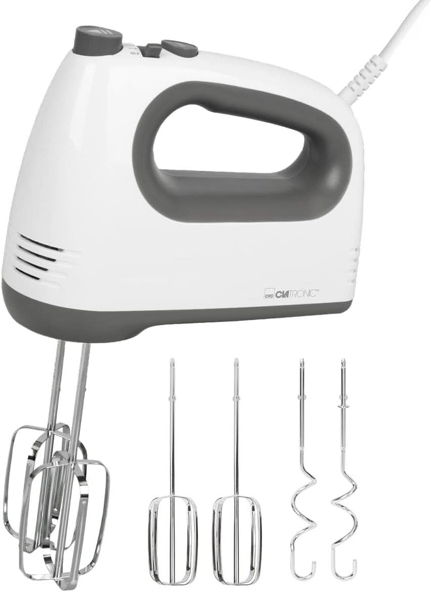 Mélangeur Clatronique | Moteur Kraftvoller 400 watts | Batteur à main | Turbostufe & 5 Geschwindigkeitsstufen | Batteur à main | Spülmaschinengeeignete Edelstahlquirle Und -Knethaken | HM 3775 Cuisine Naty Shop Weiß-Grau 400 Watt