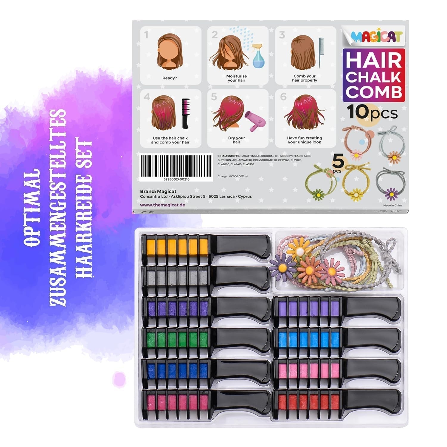 Craie à cheveux Magicat pour filles I 10 couleurs lavables et 5 élastiques à cheveux I Cadeau pour les filles de 4 à 10 ans I Cadeau créatif pour la fête d'anniversaire des enfants 2025 I Coloration pour cheveux Naty Shop sûre et colorée