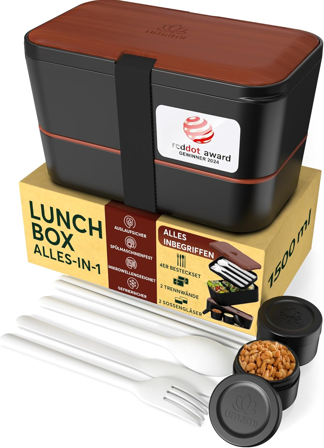 Boîte à lunch Umami pour adultes, boîte à bento empilable avec 4 couverts et compartiments, boîte à lunch adulte, récipient à salade à emporter, boîte à lunch pique-nique/bureau, gris anthracite, 1500 ml Boîtes de conservation des aliments Naty Shop Sapele Noir L - 1500 ml empilables les unes dans les autres