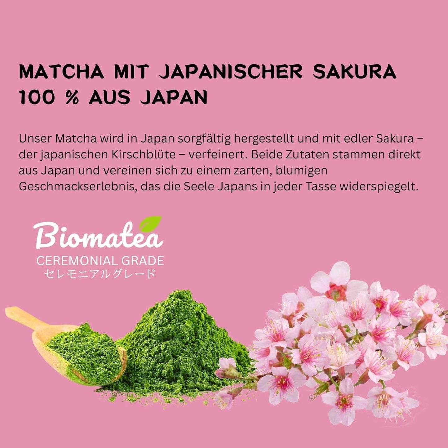 Thé Matcha Sakura 50 g – Qualité cérémonielle du Japon – Thé vert de qualité supérieure avec poudre de fleur de Sakura – Première récolte, moulu sur pierre, végétalien, sans additifs
