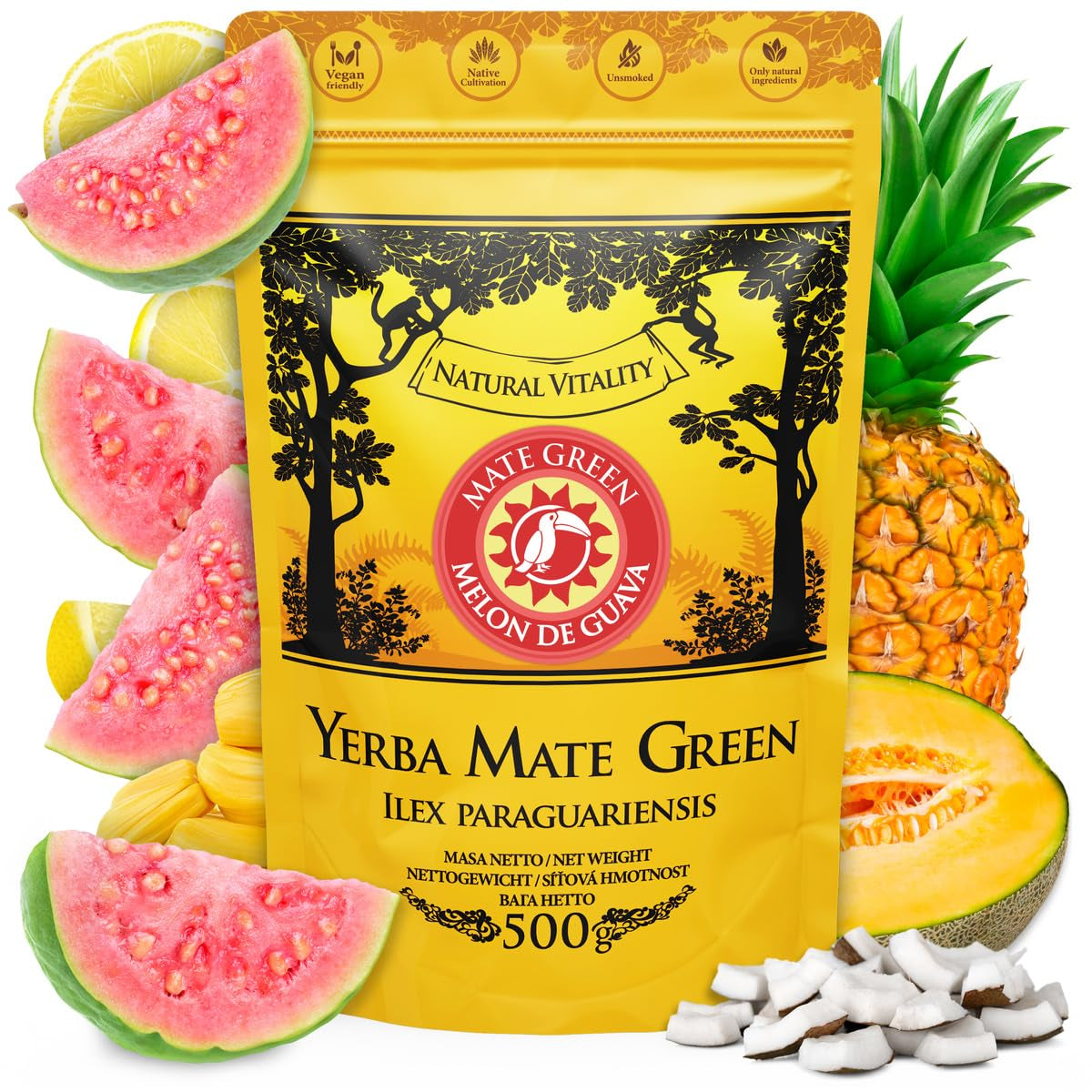 Yerba Melon De Guava 500G – Thé brésilien Yerba Mate avec melon, goyave, jacquier, ananas et noix de coco – exotique et fruité – séché à l'air, végétalien