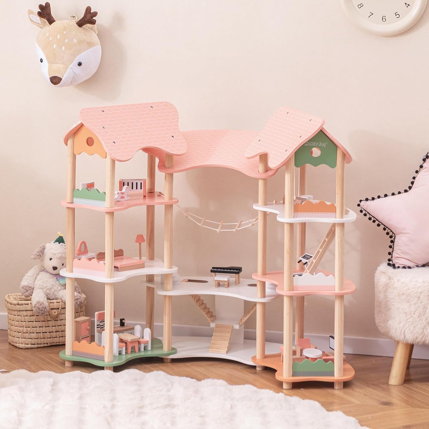 FANTASK Maison de poupée en bois, maison de poupée 7 pièces de 85 cm de hauteur avec 32 meubles et accessoires, maison de poupée avec échelle en corde, cadeau de maison de poupée pour filles de 3 ans (modèle 3) Naty Shop Dollhouses