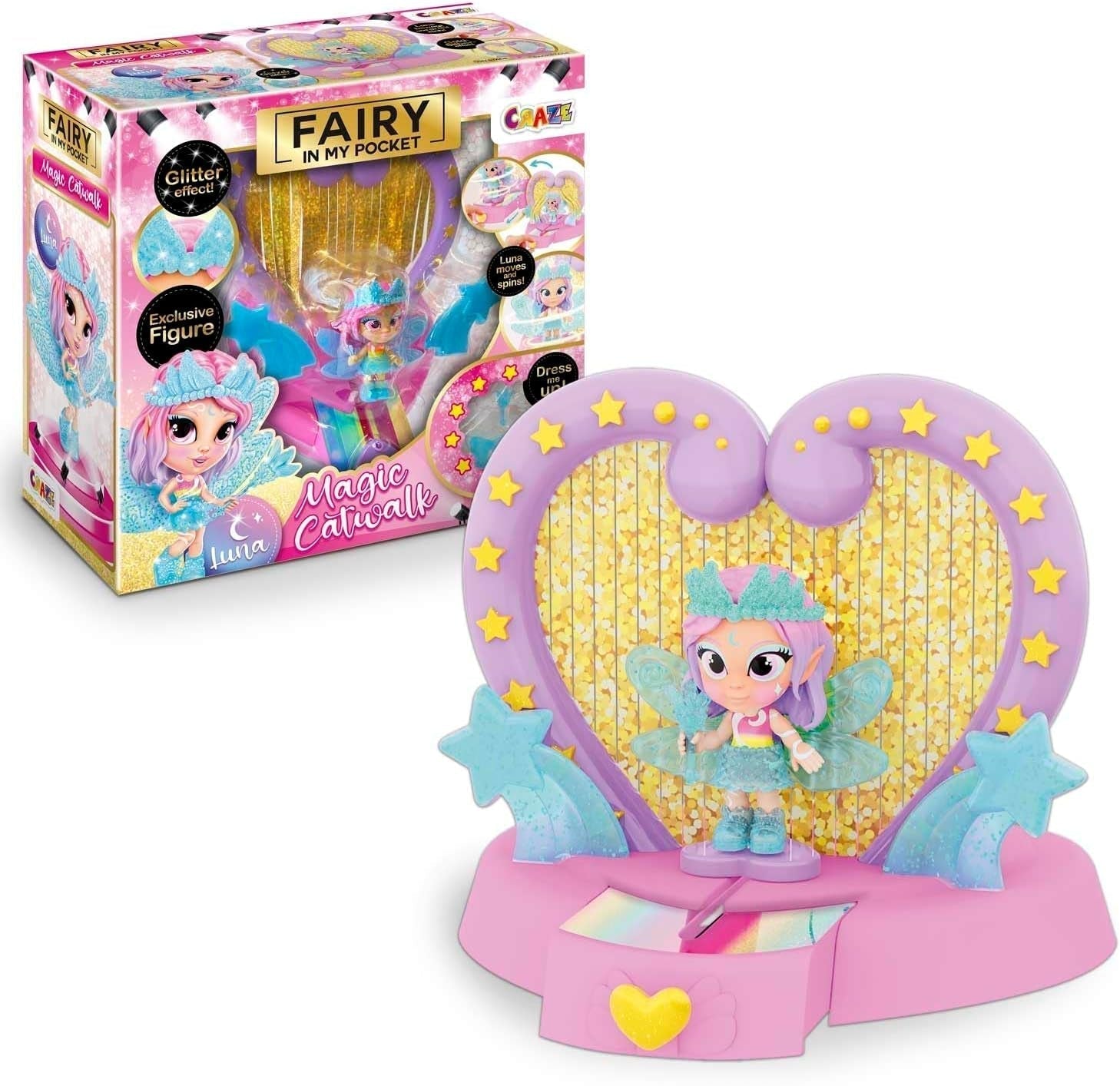 CRAZE Fée dans ma poche | Poupée de fée avec des ailes, jouet de fée à collectionner avec des effets spéciaux tels que des paillettes, une lueur dans le noir et un changement de couleur Dolls Naty Shop Fairy Magic Catwalk playset