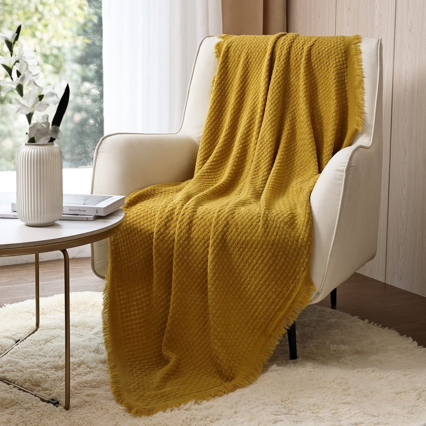 CREVENT Couverture tricotée rouille pour canapé, chaise, lit, décoration d'intérieur, douce, chaude, confortable, légère, printemps, été, automne (127,8 x 152,4 cm caramel/marron/orange brûlé) CREVENT Lits et couvertures jaune