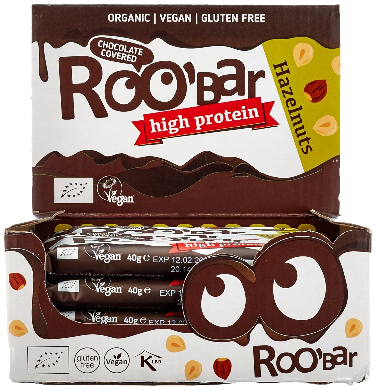 Barres aux noisettes glacées au chocolat riches en protéines - 100 % biologiques, végétaliennes, barres de fruits, sans produits laitiers, sans gluten, sans sucre raffiné - 16 barres x 40 g