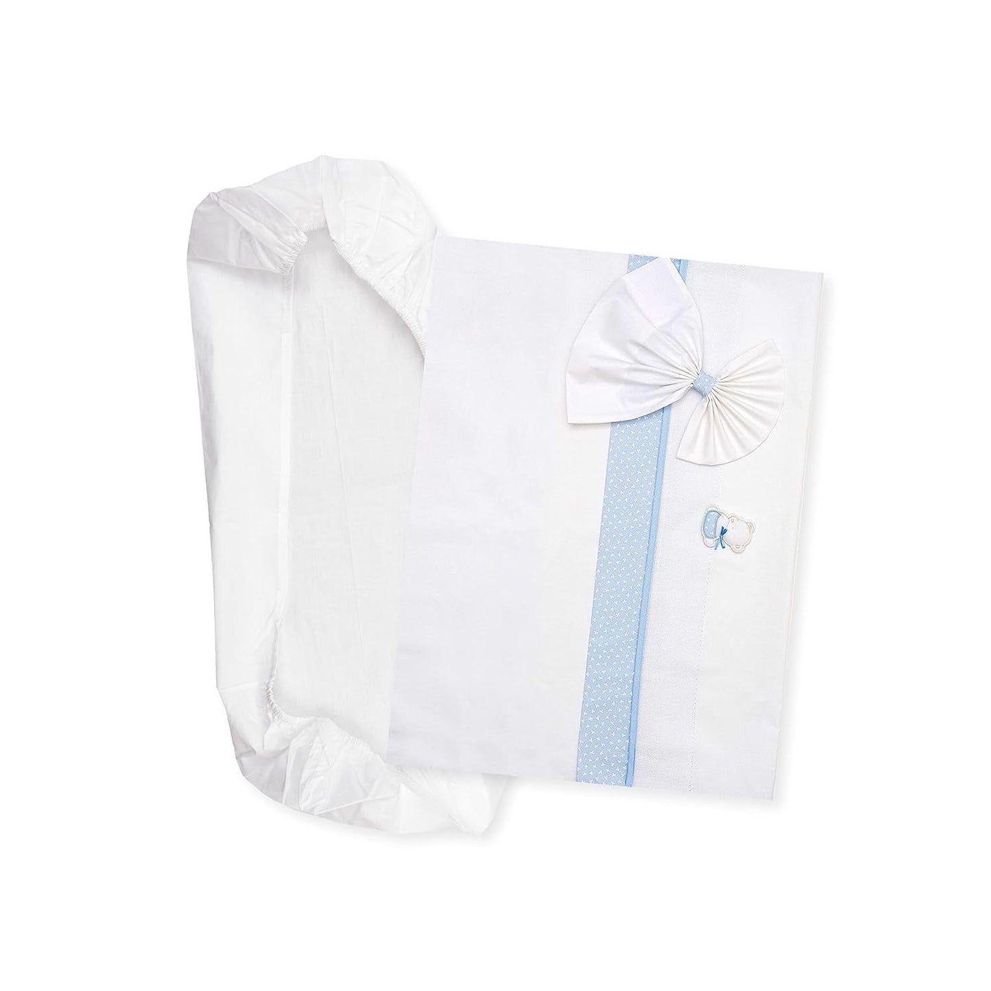 Parure de lit nacelle blanche et rose, 1 drap-housse, 1 drap de dessus brodé en ruban Aïda et 1 taie d'oreiller, 100% coton, fabriquée en Italie Naty Shop Couettes et couettes Bleu clair