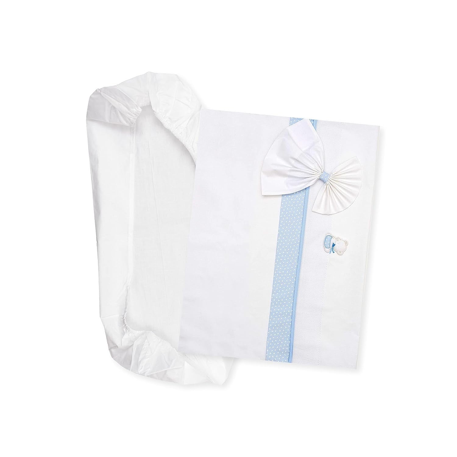 Parure de lit nacelle blanche et rose, 1 drap-housse, 1 drap de dessus brodé en ruban Aïda et 1 taie d'oreiller, 100% coton, fabriquée en Italie Naty Shop Couettes et couettes Bleu clair