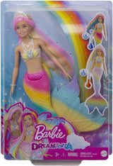 Barbie Dreamtopia Sirène magique arc-en-ciel, Barbie sirène avec cheveux arc-en-ciel, poupée à couleur changeante, activée par l'eau, jouet pour 3 ans et plus, cadeau pour filles, GTF89