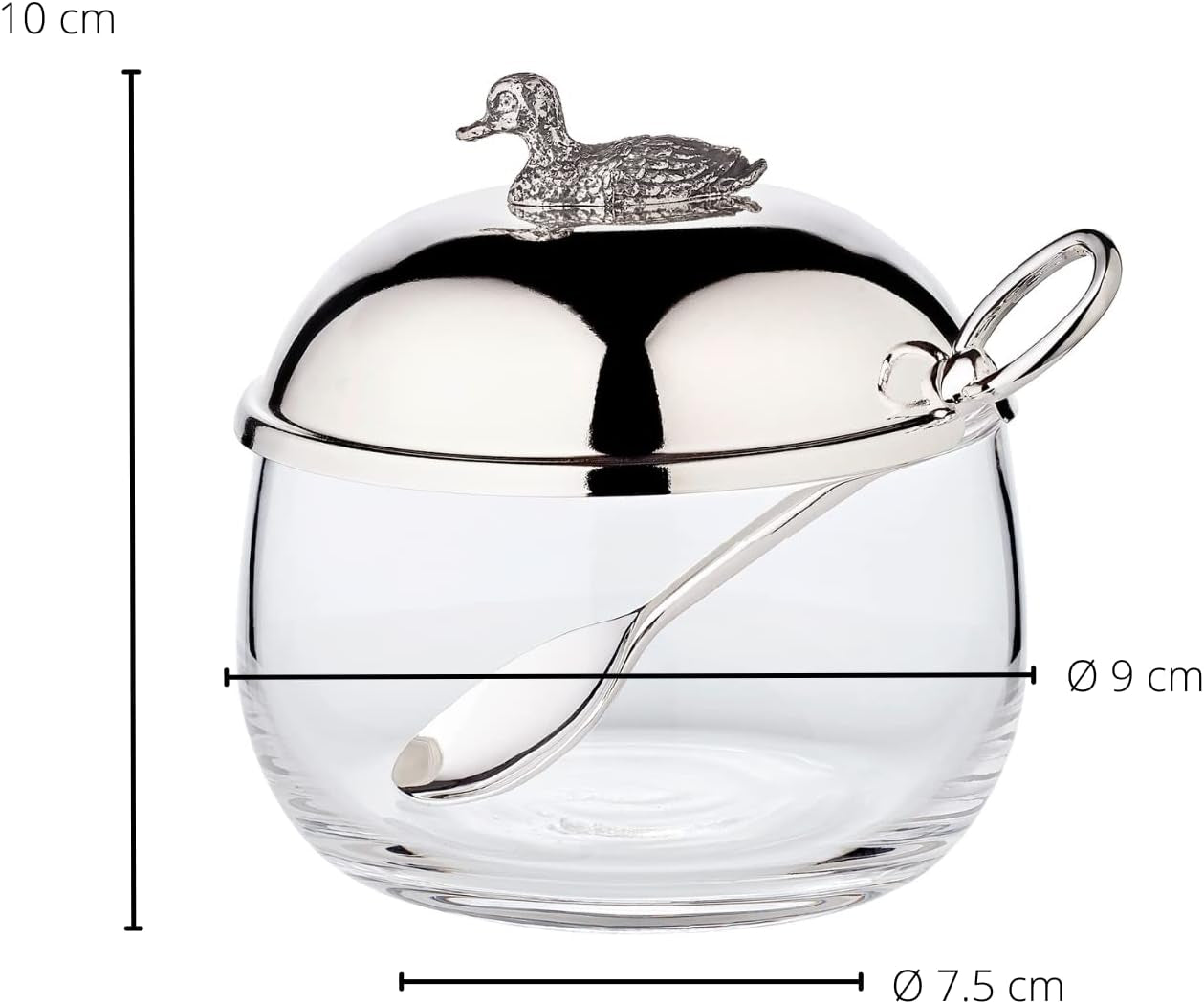Pot à confiture de canard EDZARD (Ø 10 cm) en argent et verre - Boîte et cuillère - Bol, sucrier, fromage - Pot à confiture avec couvercle, rangement avec couvercle, coffret cadeau avec serrure