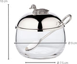 Pot à confiture de canard EDZARD (Ø 10 cm) en argent et verre - Boîte et cuillère - Bol, sucrier, fromage - Pot à confiture avec couvercle, rangement avec couvercle, coffret cadeau avec serrure