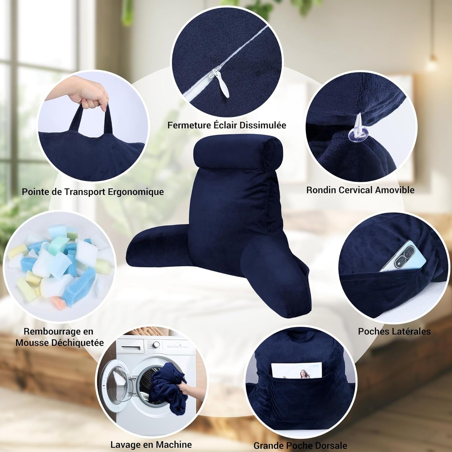 Oreiller de lecture INFANZIA avec accoudoirs, mousse à mémoire de forme, support ergonomique pour canapé et lit, bleu marine