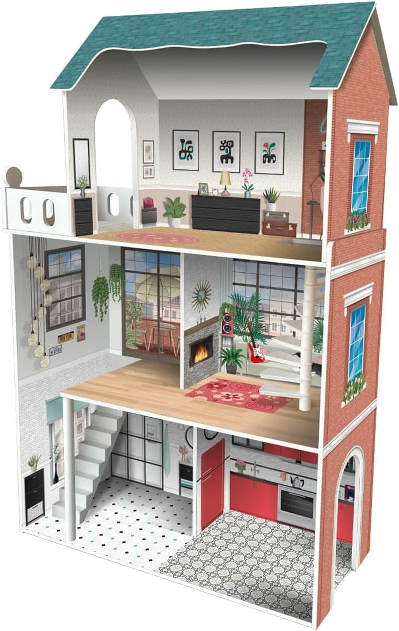 Maison de poupée design Soho-Madera à 3 étages avec 8 meubles, dimensions 120 x 33 x 75 cm (913D00181)