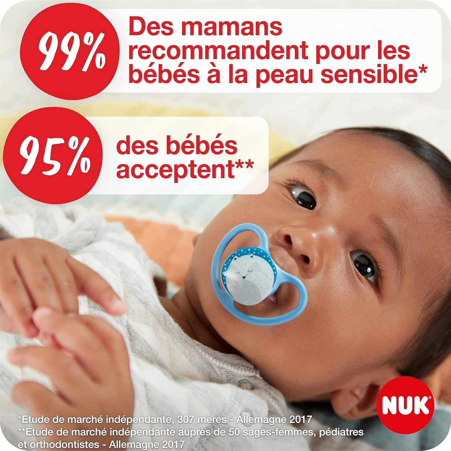 Sucettes NUK Space Night, 0-6 mois, très grandes fentes d'aération, phosphorescentes, silicone sans BPA, renard et coccinelle, paquet de 2