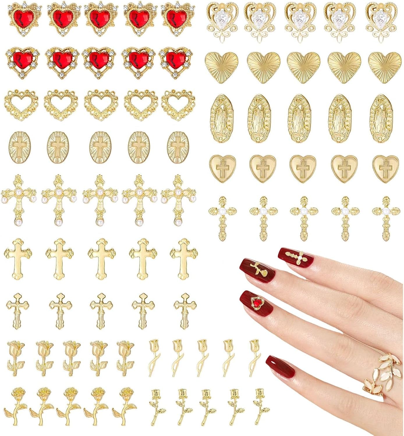 Breloques à ongles dorées, 80 pièces, croix, cœur, vierge marie, pierres précieuses en alliage métallique, accessoires pour manucure, décorations de conception, artisanat à faire soi-même