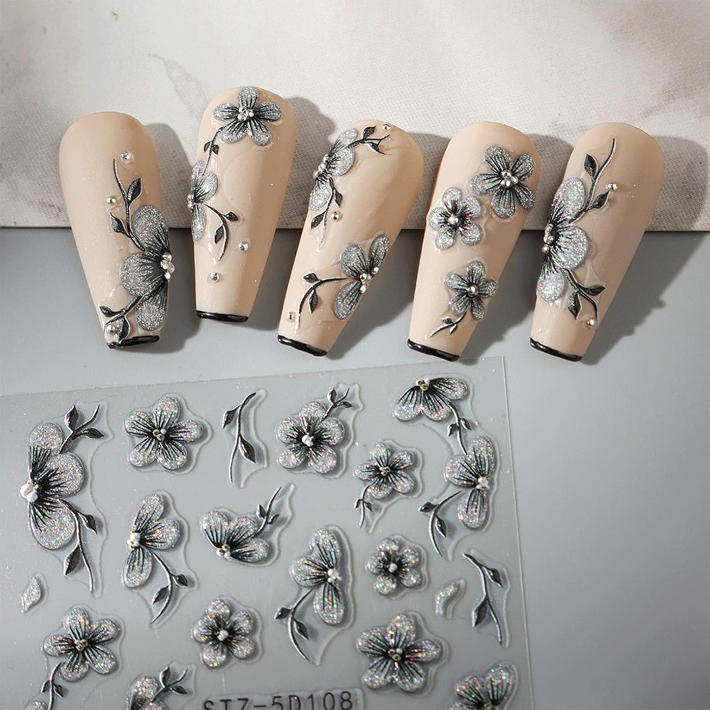 JMEOWIO 6 Blatt 3D Nagelsticker Blumen Nail Art Sticker Selbstklebend Nagelaufkleber 5D Stereoskopisch Frühling Sommer Blumen Dekoration Nageldesign Zubehör